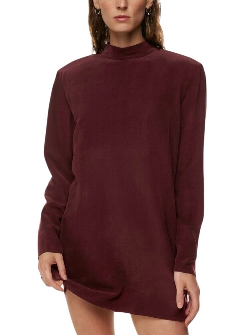 Aritzia Babaton Cahun Mockneck Longsleeve Mini Dress Burgundy Silk Sz XXS NWT